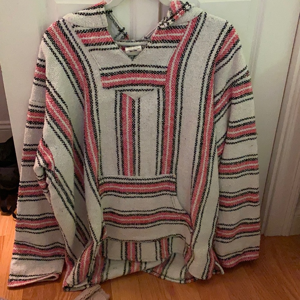 White and pink oversized sweatshirt.